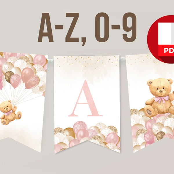 Printable Banner Letters Baby Shower Girl Decoration Teddy Bear Balloon Birthday Letters A to Z We Can Bearly Wait Digital Instant Download