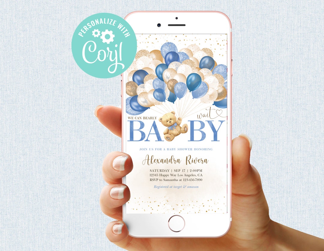 Teddy Bear Balloon Baby Shower Invitation Boy We Can Bearly Wait Baby ...