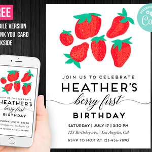 Berry First Birthday Invitation Girl Printable Strawberry Birthday Invitation Editable Template Instant Download Digital or Printed Invites
