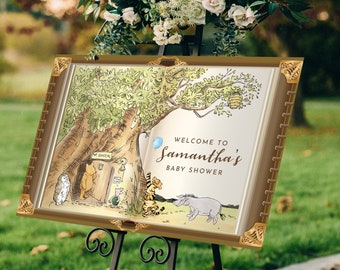 Plantilla de signo de bienvenida clásico de Winnie The Pooh Baby Shower Tigger Piglet Eeyore StoryBook Signo de patio al aire libre Plantilla editable imprimible