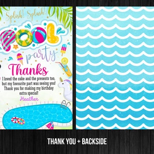Swimming Pool Party Birthday Thank You Card Girl Party Editable Template Corjl Digital or Printed Instant Download