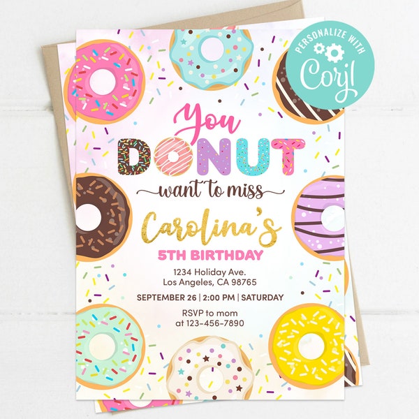 Donut Birthday Invitation Girl Donut Miss the Sweet Celebration Invite Pink and Gold Printable Editable Decoration Template Digital Printed