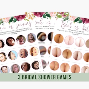 Hen Party Games Set of 3 Dirty Rude Bachelorette Party Bridal Shower Burgundy Blush Floral Pink Flower Printable