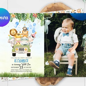Puede incluir: Una invitación colorida para una fiesta de primer cumpleaños con temática de safari. La invitación presenta un jeep de dibujos animados con animales, globos y el texto "Calling all party animals Alexander is turning Wild One September 23 at 2:00 PM 12345 Happy Way Los Angeles, CA RSVP to Samantha at 123-456-7890".