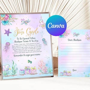 Mermaid First Birthday Time Capsule Girl Under the Sea Matching Note Cards Mermaid Tail Ocean Life Decor Digital Printable Editable Template