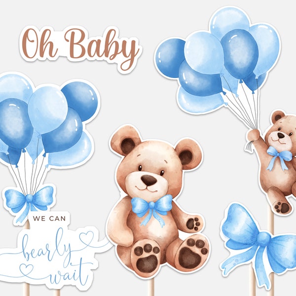 Teddy Bear Balloon Centerpieces Baby Shower Boy We Can Bearly Wait Baby Bear Blue Balloons Decor Cutouts Cake Topper Printable Digital