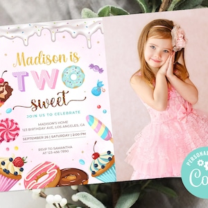 Zwei Süße Geburtstag Einladungskarte Foto Bild Mädchen Rosa Lollipop Süße Feier Candy Land Invite Editierbare Vorlage Digital Printable