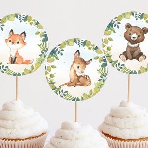 Woodland Animals First Birthday Cupcake Toppers Decoration Cute Fox Bear Fawn Beaver Wild Forest Greenery Printable Digital Instant Download