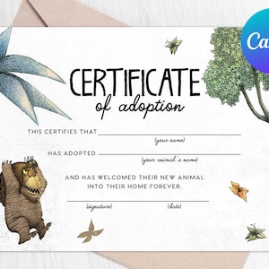 Adopt an Animal Adoption Certificate Where The Wild Things Are First Birthday Let the Wild Rumpus Start Digital Printable Template