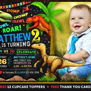 Dinosaur Second Birthday Boy Party Invitation with Photo Picture Stomp Chomp and Roar Printable Thank You Card Digital or Printed Invites