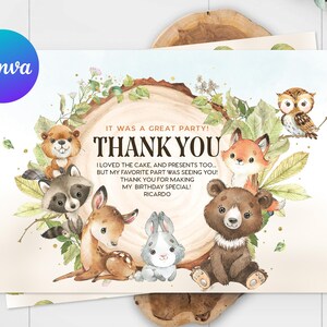 May include: A woodland-themed thank you card featuring a brown, white and grey bunny, a brown bear, a fox, a raccoon, a beaver and an owl. The card includes the text "It was a great party! Thank you. I loved the cake, and presents too... but my favourite part was seeing you! Thank you for making my birthday special! Ricardo."