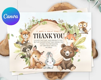 Könnte beinhalten: Eine Wald-Themen-Dankeskarte mit einem braunen, weißen und grauen Kaninchen, einem braunen Bären, einem Fuchs, einem Waschbären, einem Biber und einer Eule. Die Karte enthält den Text "Es war eine tolle Party! Danke. Ich habe den Kuchen und die Geschenke geliebt... aber das Beste war, dich zu sehen! Danke, dass du meinen Geburtstag so besonders gemacht hast! Ricardo."
