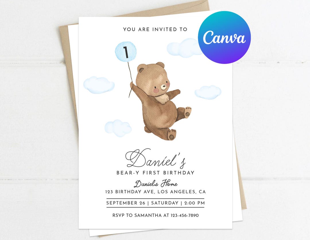 Teddy Bear First Birthday Invitation Boy Cute Beary 1st Birthday Blue ...