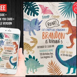 May include: A colorful dinosaur-themed birthday party invitation with a green, blue, and orange color scheme. The invitation features a variety of dinosaurs, including a Tyrannosaurus Rex, a Triceratops, and a Stegosaurus. The text on the invitation reads "Let's Party Like a Dinosaur! Brandon is Turning 5." The invitation also includes the date, time, and location of the party.
