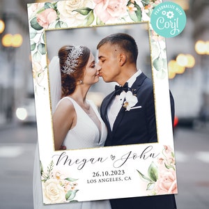 Wedding Photo Booth Frame Prop Decor Digital Editable Template Printable Pink Blush Floral White Roses Flower Sage Green Gold Corjl