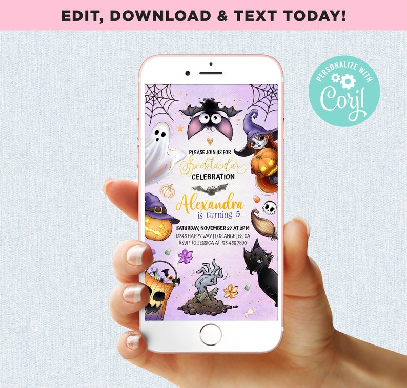 May include: A smartphone displays a Halloween-themed invitation. The invitation features a ghost, bat, witch, pumpkin, and black cat. Text includes "Spooktacular Celebration" and event details. The phone is held in a hand.