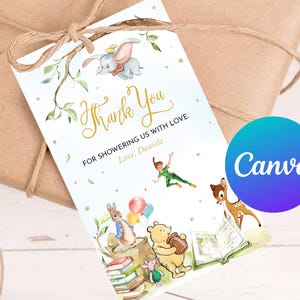 Babyparty Danke Tags druckbares Storybook ein neues Kapitel Märchenbuch unter dem Thema Tiere Favor Tag Geburtstag Party Dekor bearbeitbare Vorlage