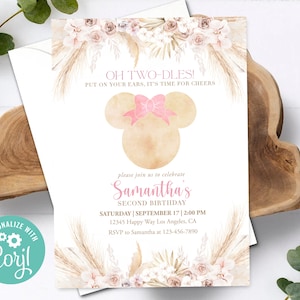 Minnie Mouse Birthday Invitation Girl Oh Twodles Birthday Party Invite Pink Boho Two-Dles Decor Printable Editable Template Digital Printed