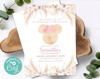 Invitación de cumpleaños de Minnie Mouse chica Oh Twodles fiesta de cumpleaños invitar rosa Boho Two-Dles decoración imprimible plantilla editable digital impreso