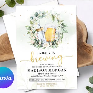 A Baby Is Brewing Shower Invitation Bottle and Beers Coed Couples Cheers Floral Greenery Printable Editable Template Digital Printed Invite