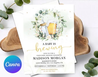 May include: A green and gold baby shower invitation with a watercolor illustration of a beer mug and a baby bottle. The text reads "A Baby Is Brewing" and includes the name "Madison Morgan" and the date and time of the event.