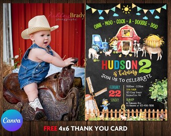 Farm Animals Birthday Invitation Boy Barnyard Party Thank You Card Printable Digital or Printed Invites