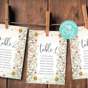 Bruiloft zitplaatsen grafiek kaartsjabloon tabelnummer bewerkbare digitale download of gedrukte wilde bloemen bloemen Boho tuin land Corjl