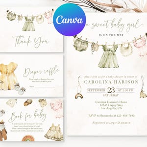 Conjunto de invitación para baby shower con tendedero, ropa bohemia para niña, fiesta bohemia, imprimible, editable, agradecimiento, libro de rifa de pañales, tarjeta de solicitud