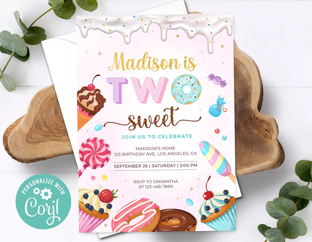 Two Birthday Invite Two Sweet Birthday Invitation Girl Pink Lollipop Sweet Celebration ...