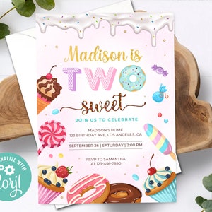 Two Sweet Birthday Invitation Girl Pink Lollipop Sweet Celebration Donut Candy Land Invite Decor Printable Editable Template Digital Printed