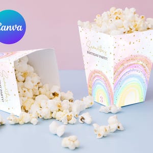 Rainbow Birthday Popcorn Bag Girl Pink Pastel Rainbow of Fun Popcorn Box Gold Star Party Decor Candy Box Digital Printable Editable Template