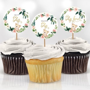 Decorazione per cupcake a forma di orsetto per baby shower, possiamo aspettare con ansia, floreale, verde, oro, decorazione per orsetto per bambini, download digitale stampabile