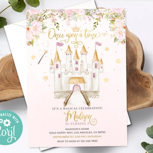 Princess Birthday Invitation Once Upon a Time Royal Party Invite Pink and Gold Card Instant Download Magical Editable Template Digital