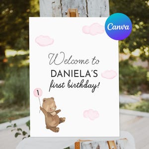 Teddy Bear First Birthday Welcome Sign Beary 1st Birthday Girl Pink Balloon Decoration Welcome Outdoor Yard Sign Editable Template Printable
