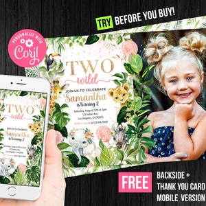 Two Wild Second Birthday Girl Invitation Photo Picture Mobile Jungle Safari Animals Thank You Card Editable Template Digital Printed Corjl