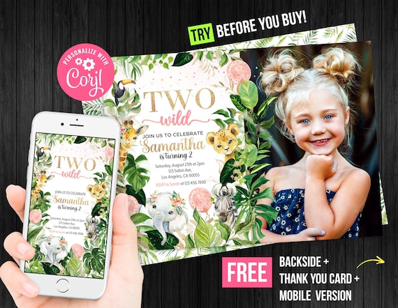 Two Wild Second Birthday Girl Invitation Photo Picture Mobile Jungle Safari Animals Thank You Card Editable Template Digital Printed Corjl