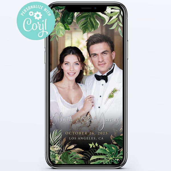 Wedding Snapchat Geo Filter Editable Template Instant Download Digital Jungle Monstera Palm Greenery Gold Tropical Leaves Corjl