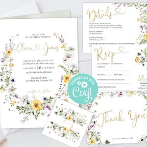 Wedding Invitation Suite Templates Set RSVP, Thank You Card, Favor Tag, Details Wild Flowers Floral Wreath Boho Garden Country Printable