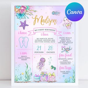 Mermaid First Birthday Milestone Board Girl Mermaid Tail Ocean Life Under the Sea Party Milestone Sign Digital Printable Editable Template