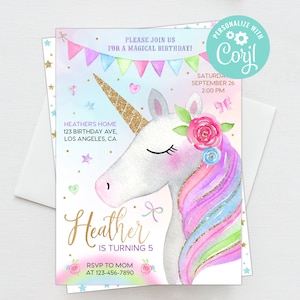 Magical Birthday Unicorn Invitation Girl Card Instant Download Serene Golden Pink Roses Party Invite Editable Template Digital Corjl