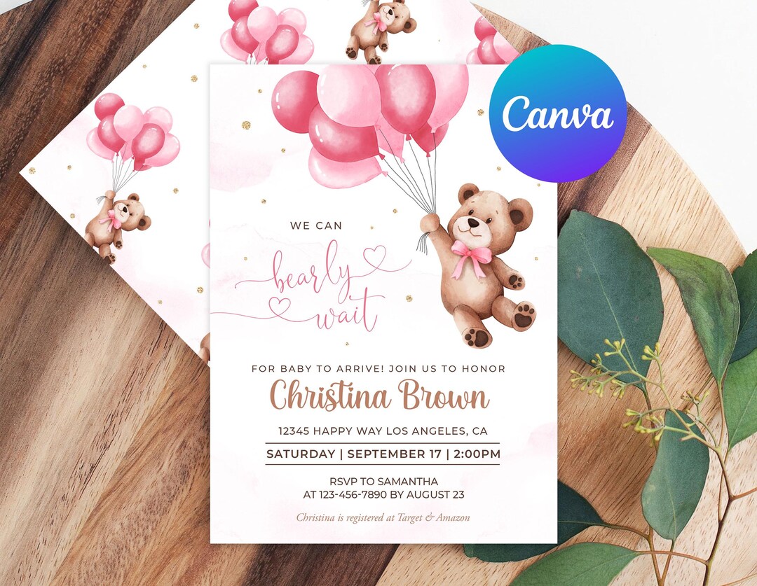 Teddy Bear Balloon Baby Shower Invitation Girl We Can Bearly Wait Baby ...