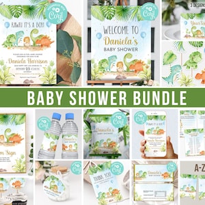 Dino Baby Shower Party Decorations Bundle Rawr It&#39;s a Boy Dinosaur Hatching Invitation Digital Editable Banners Template Printable Thank You