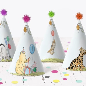Classic Winnie the Pooh First Birthday Party Hat Decoration Boy Piglet Tigger Blue Balloon Digital Instant Download Printable Template