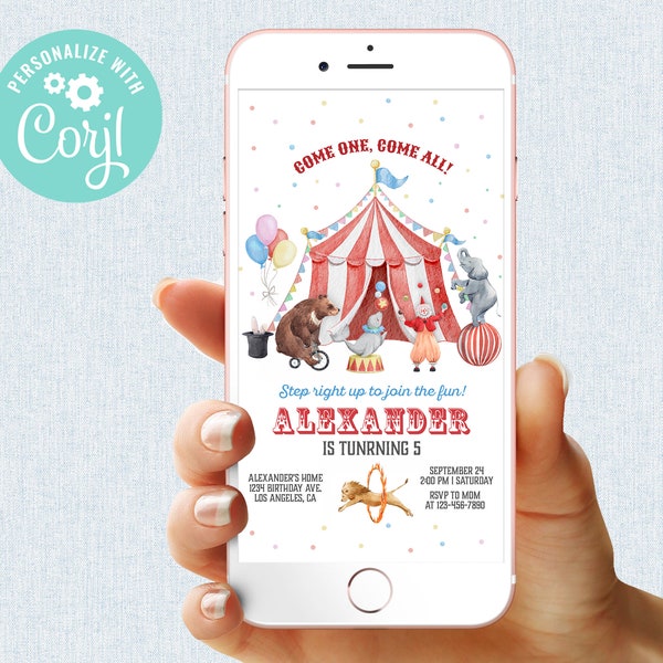 Circus Birthday Invitation Circus Animals Carnival Kid's Birthday Party Invite Digital Editable Mobile Phone Electronic Email SMS Text