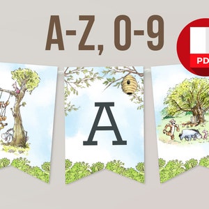 Letras para pancartas imprimibles para decoración de baby shower, letras de Winnie the Pooh para cumpleaños de bebé de la A a la Z, Piglet, Tigger, Eeyore, descarga digital instantánea