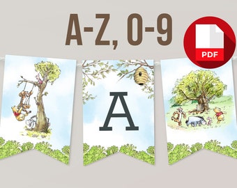 Printable Banner Letters Baby Shower Decoration Winnie the Pooh Baby Birthday Letters A to Z Piglet Tigger Eeyore Digital Instant Download