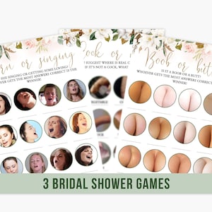 Hen Party Games Set of 3 Dirty Rude Bachelorette Party Bridal Shower White Gold Pink Magnolia Floral Cotton Boll Flowers Printable