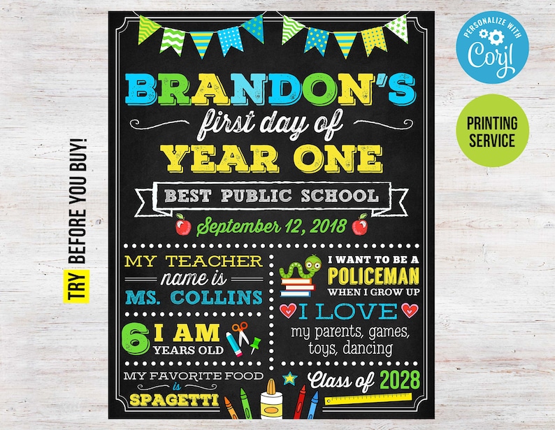 Boy First Day of School Sign Printable Chalkboard Editable Template ...