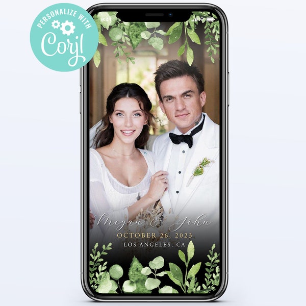 Mariage Snapchat Geo Filter Modèle modifiable Téléchargement instantané Digital Greenery Eucalyptus Leaves Green Botanical Corjl