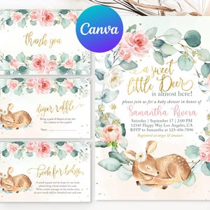 Oh Deer Mädchen Baby Shower Einladung Pink und Gold Floral Greenery Dekor Printable Bearbeitbar Danke Windel Raffle Buch Anfrage Karte